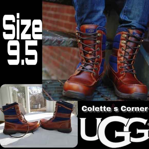 Ugg Wynton Brown Navy Waterproof Laceup Leather Boots 9.5 - Picture 2 of 8